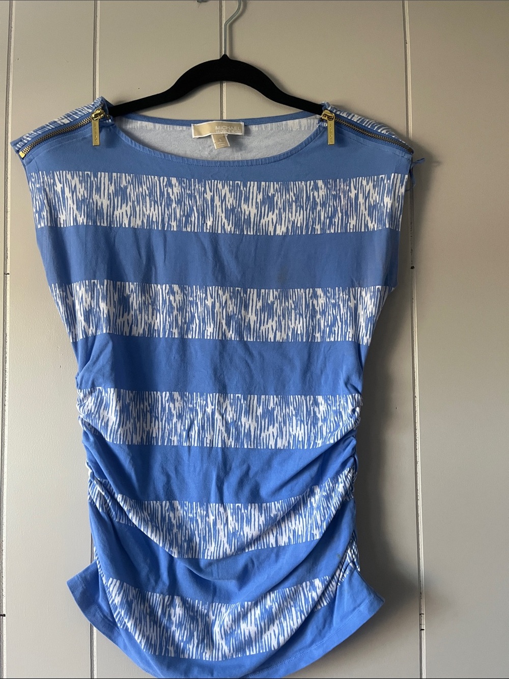 Michael Kors Blue and White Striped Ruched Shoulder Zip Top